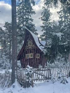 una vecchia baita nel bosco con la neve sopra. di Fairytale tinyhouse near the sea - Häxans hus a Gothem
