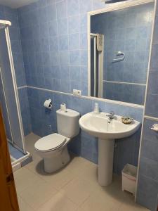 uma casa de banho em azulejos azuis com um WC e um lavatório em Hostal y Apartamentos la Vereda em Ruidera