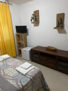 1 dormitorio con 1 cama, vestidor y TV en Hostal y Apartamentos la Vereda, en Ruidera