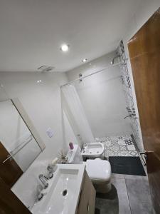 a bathroom with a white toilet and a sink at Cabañas Golden in San Rafael