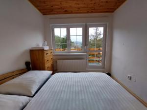 1 dormitorio con 2 camas y ventana en Ski/Bike Villa Sapporo ⃰ ⃰ ⃰, en Kraslice