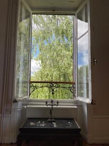 een raam met een wastafel ervoor bij Le Château Giat in Giat