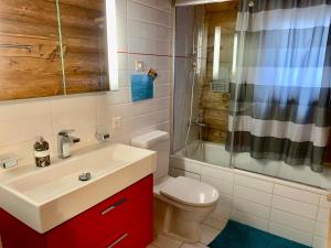 uma casa de banho com um lavatório, um WC e um chuveiro em Le Gite de Briey em Chalais
