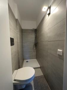 a small bathroom with a toilet and a shower at Ferienwohnung & Zimmer in Olpe