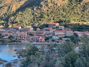 a town next to a river and a mountain at Residence Appartement le Porto in Porto Ota