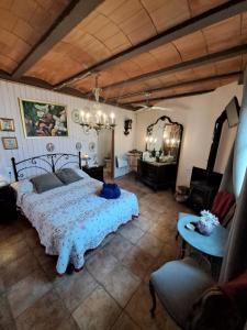 a bedroom with a bed and a chair and a mirror at Ca la Serreta in Cretas