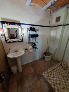 a bathroom with a shower and a sink and a toilet at Ca la Serreta in Cretas