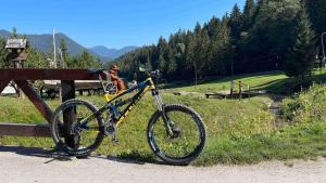 a bike parked next to a wooden fence at apartmanhrabovob14 in Ružomberok