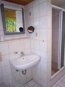 a white bathroom with a sink and a shower at Schäferwagen Hotzenplotz 