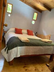 a bedroom with a bed with red pillows on it at Cabaña entre Boldos in Villarrica