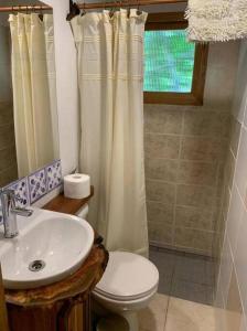 a bathroom with a sink and a toilet and a window at Cabaña entre Boldos in Villarrica