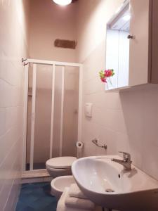 a bathroom with a sink and a toilet and a mirror at Borgo Sicelle Residence in San Donato in Poggio
