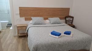 a bedroom with a large bed with blue pillows on it at nuevo refugio en los bajos de Moncloa! in Madrid
