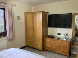 1 dormitorio con 1 cama y vestidor con TV en The Willows, 