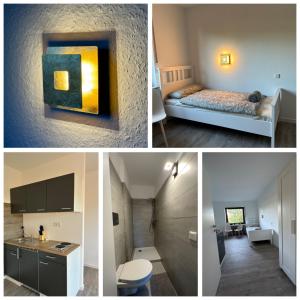 un collage de quatre photos d'une pièce dans l'établissement Ferienwohnung & Zimmer, à Olpe