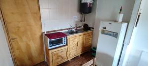 a small kitchen with a microwave and a refrigerator at Nuestra Cabañañá in Uspallata