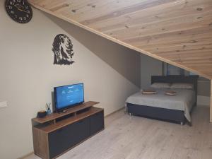a bedroom with a bed and a television and a staircase at Dainavos apartamentai Druskininkai in Druskininkai