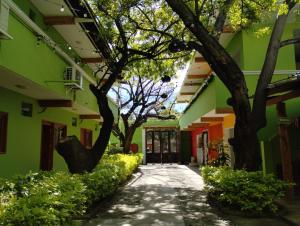 a hallway of a building with trees and a walkway at Los Ciruelos Oaxaca in Oaxaca City