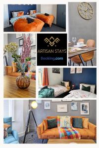 a collage of pictures of a living room at Vintage Vibes By Artisan Stays in Southend-On-Sea I Free Parking I Bank Holiday Offer in Southend-on-Sea