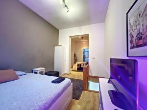 um quarto com uma cama e uma televisão de ecrã plano em Cosy Apartment Brussels - Flagey em Bruxelas