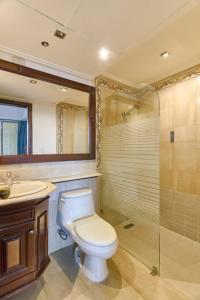 a bathroom with a toilet and a sink and a shower at Luxurious Ocean View Suite in Santo Domingo