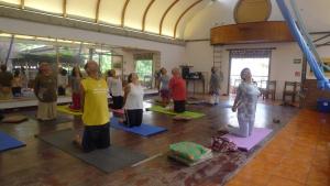 un groupe de personnes se tenant dans un cours de yoga dans l'établissement The Octopus's Garden Hostel, à La Cruz de Huanacaxtle