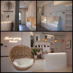 eine Collage mit drei Bildern eines Schlafzimmers mit einem Stuhl in der Unterkunft Le Maje Hostel in Montpellier