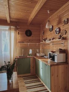 una cucina con pareti in legno e bancone con forno a microonde di Сонячна садиба a Verkhovyna