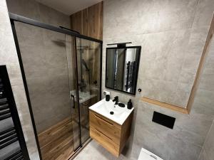 un baño con lavabo y ducha en Sosnówka - Wypoczynek, en Sosnówka 16 fotos más