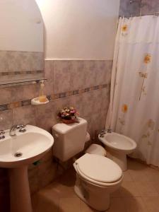 een badkamer met een toilet, een wastafel en een douche bij CASA HOST Las Grutas in Las Grutas
