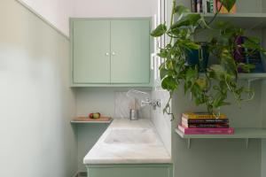 a kitchen with a sink and a potted plant at Lovely Apartment in Exarcheia in Athens +8 photos
