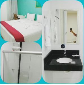 een witte badkamer met een wastafel en een bed bij HOTEL LUCIANA in Serrinha