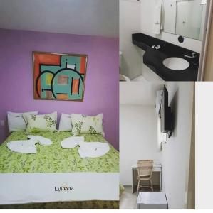 een slaapkamer met een bed, een wastafel en een spiegel bij HOTEL LUCIANA in Serrinha