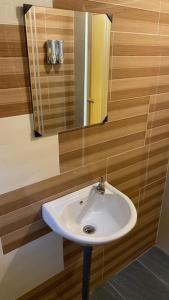 y baño con lavabo blanco y espejo. en Cameron Highlands Blueberry Earth House, en Cameron Highlands