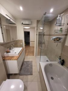 a bathroom with a sink and a tub and a toilet at Stern Apartment in Wehr