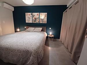 a bedroom with a bed and two pictures on the wall at Chez Emoun et Lina in Caussade