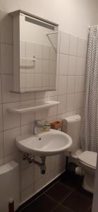 ein Badezimmer mit einem Waschbecken, einem WC und einem Spiegel in der Unterkunft TOP! möbliertes Apartment mit Parkplatz Nähe Messe Essen in Mülheim an der Ruhr