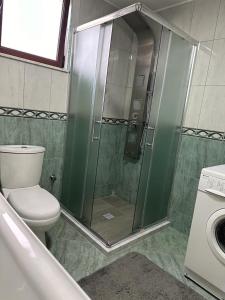 e bagno con doccia, servizi igienici e lavandino. di Albanian Gem in Kuçovë a Kuçovë