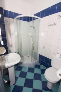 y baño con ducha, aseo y lavamanos. en Willa Nova - Centrum, en Szklarska Poręba