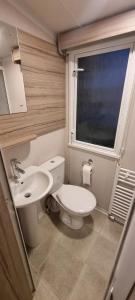 a bathroom with a toilet and a sink and a window at Camping Panorama in Bourscheid