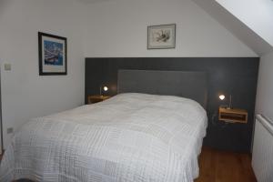 a bedroom with a white bed with two lights on the wall at Weingut Bäuerl in Dürnstein