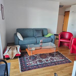 sala de estar con sofá azul y silla roja en Appartement meublé à louer à Nax, en Nax