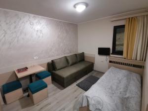 a bedroom with a couch and a bed and a table at Hotel Srebrna lisica in Kopaonik