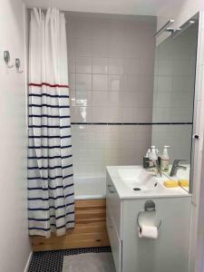 uma casa de banho com um lavatório e uma cortina de chuveiro em Appmt 4-5 pers pleine nature em Lamoura