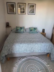 een slaapkamer met een bed met een dekbed en kussens bij T2 climatisé à 5 minutes à pied de la plage avec parking, piscine et wifi in Fréjus