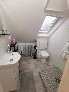 ein Bad mit einem WC, einem Waschbecken und einem Fenster in der Unterkunft Dachzimmer mit Kochecke und Duschbad, nahe Messe in Hannover