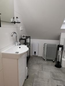 ein weißes Badezimmer mit einem Waschbecken und einem Heizkörper in der Unterkunft Dachzimmer mit Kochecke und Duschbad, nahe Messe in Hannover