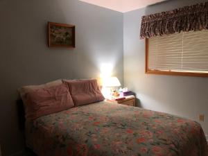 sypialnia z łóżkiem, lampką i oknem w obiekcie Cliff’s Place w mieście Iron Bridge