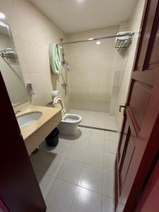 a small bathroom with a toilet and a sink at Zolotoi Drakon Hotel in Almaty