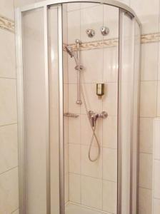a shower with a glass door in a bathroom at Hotel Grünes Türl in Bad Schallerbach